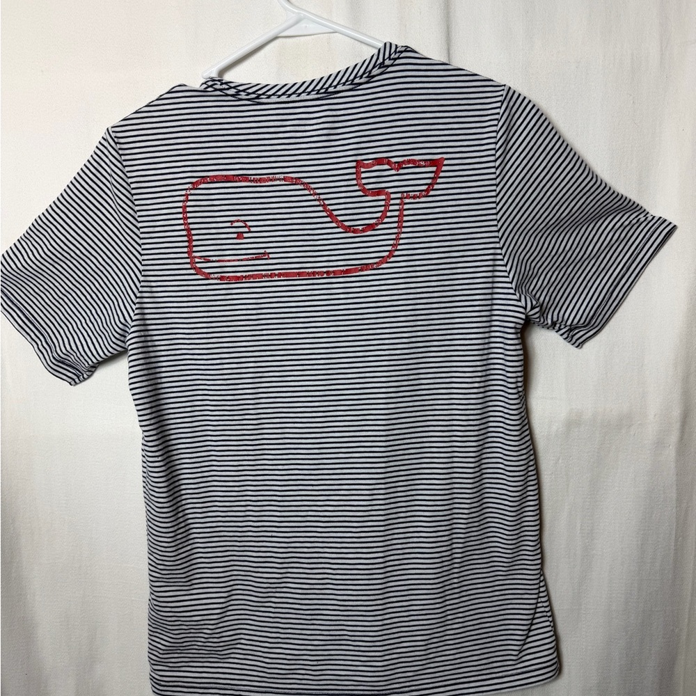 Vineyard Vines Navy and White Striped Tee with Red Whale